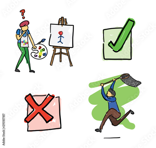 Quick hand drawing man and object set. Painter artist draws stickman, check mark, x mark and man running and holding net to catch.