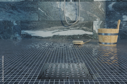 3d rendering of water drops on metal gutter of shower tray in valser quartzite stone photo