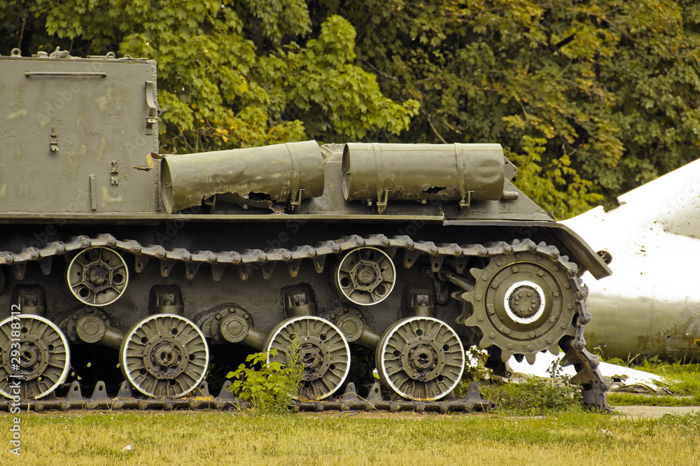 Old military equipment. Abstract photo. Old tank