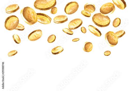 Falling gold coins, golden rain,  falling money. Jackpot or success concept. Watercolor hand drawn illustration, isolated on white background