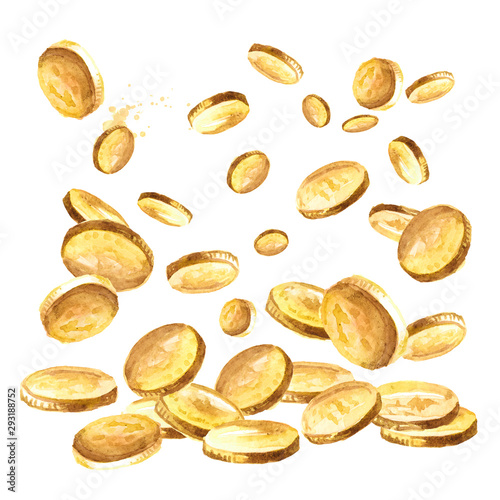 Falling gold coins, golden rain, falling money. Jackpot or success concept. Watercolor hand drawn illustration isolated on white background