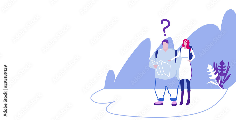 lost tourists couple hikers with backpacks holding travel map man woman travelers with question mark hike adventure concept landscape background horizontal full length sketch