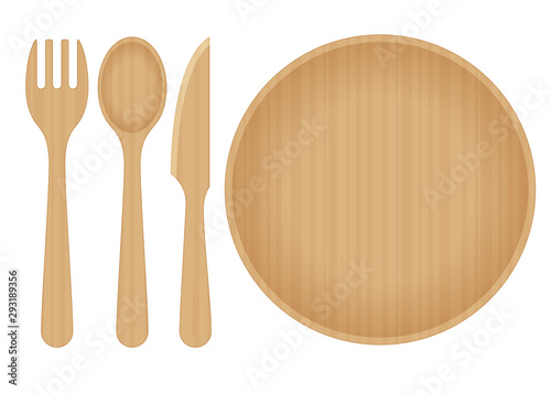 Sustainable Home Goods and Eco-Friendly Dinnerware. Bamboo spoons, fork, knives and plate isolated on a white background. Recycling.
