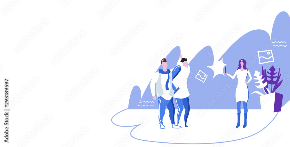 woman using smartphone camera shooting two playful guys having fun standing together showing fingers behind head modern office interior sketch horizontal full length woman using smartphone camera shooting two playful guys having fun standing together showing fingers behind head modern office interior sketch horizontal full length
