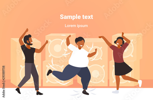 fat obese man dancing on dance floor with african american people on disco party weight loss concept modern night club interior flat full length horizontal copy space