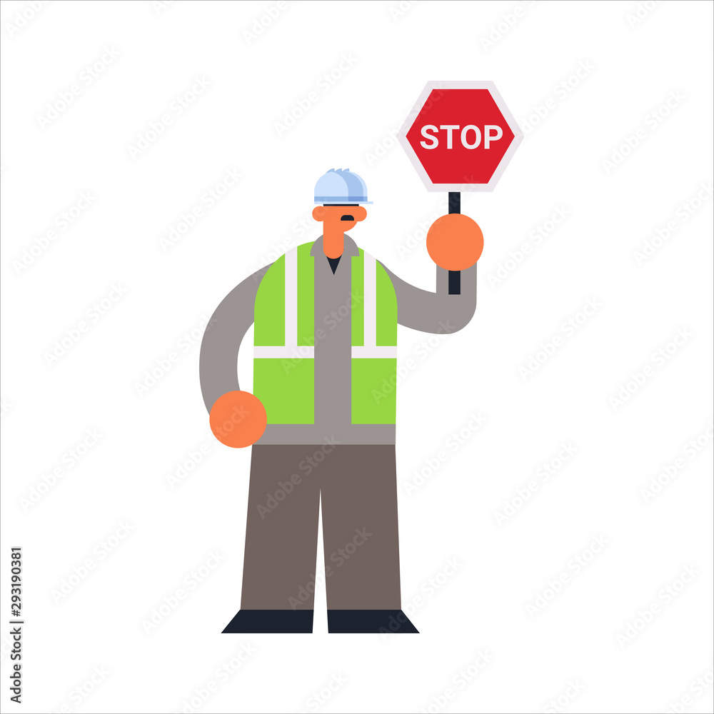 male builder holding stop sign closing or blocking way busy workman standing pose industrial construction worker in uniform building concept flat full length male builder holding stop sign closing or blocking way busy workman standing pose industrial construction worker in uniform building concept flat full length