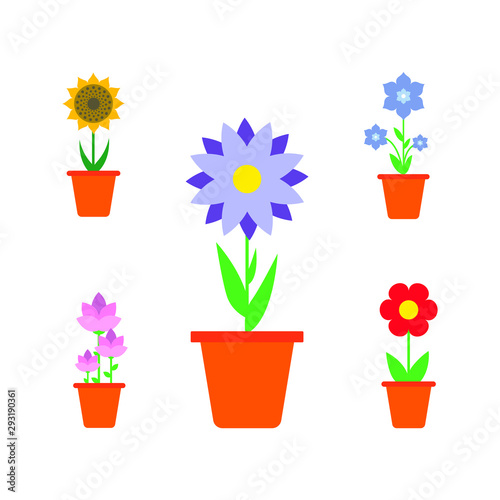 Spring Flowers In Pots  Isolated On White Background. Vector Illustration