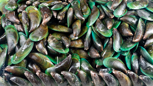 Close-up heap of raw fresh mussels on counter at local fish market. Heap of Nutritious shellfish mollusk at seafood store. Asian green mussel. Sea mussels. Close up of a stall with freshly fished