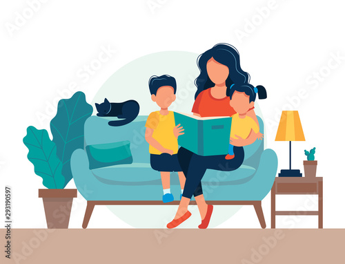 Mom reading for kids. Family sitting on the sofa with book. Cute vector illustration in flat style