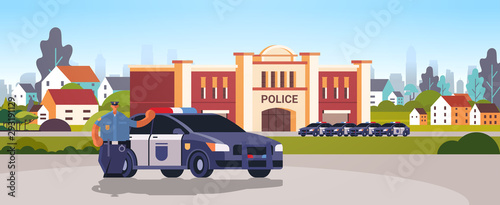 city police station department building with police cars security authority justice law service concept flat horizontal vector illustration
