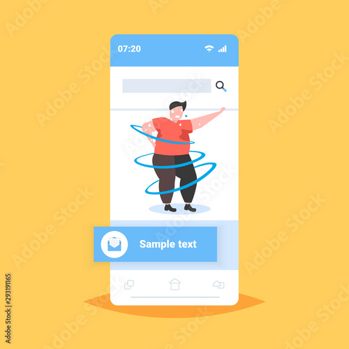 fat obese man dancing pose overweight sweaty guy cardio training weight loss concept smartphone screen online mobile app flat full length