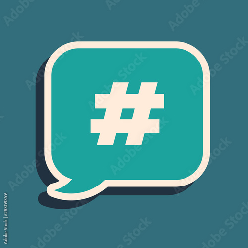 Green Hashtag speech bubble icon isolated on blue background. Concept of number sign, social media marketing, micro blogging. Long shadow style. Vector Illustration