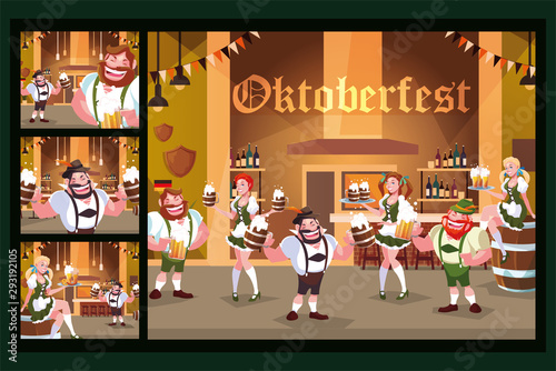 set of cards with people drinking beer in bar Oktoberfest celebration