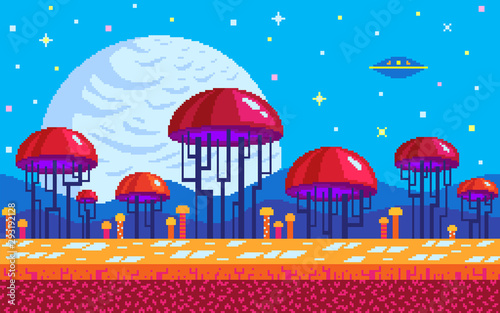 Mushrooms area pixel art game location.