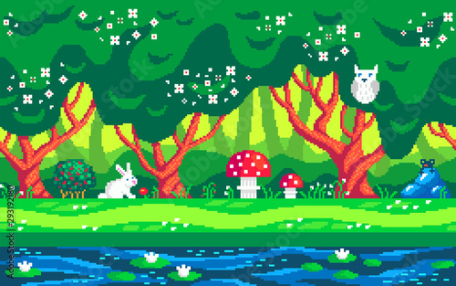 Magic forest pixel art seamless background.