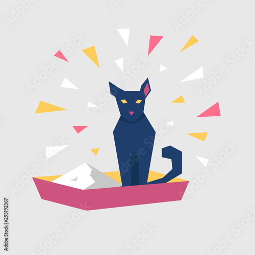 Cartoon black cat character sit at the tray.