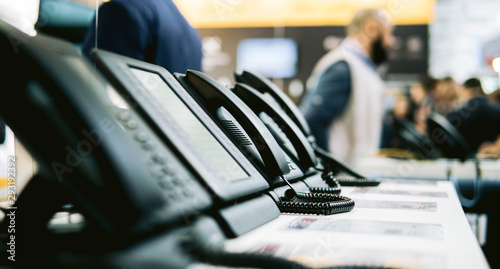 Kyiv, Ukraine -28 September 2019 : CEE 2019. office phones with a handset on a wire. Communications and technology for office workers