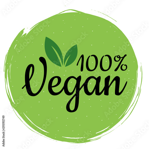 Green vegan logo. Healthy food sign, eco, bio, label for cafe, packaging and food. 100% vegan label for your advertising. Organic design template