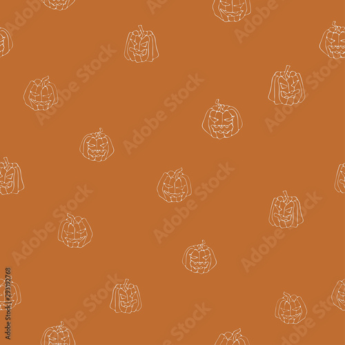 Line drawing pumpkin on orange background. Scary seamless pattern for halloween.