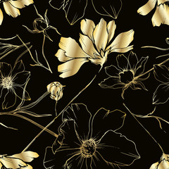 Handdoek met foto Zwart goud patronen Cosmea bloemen zwart wit gravure  © yanushkov