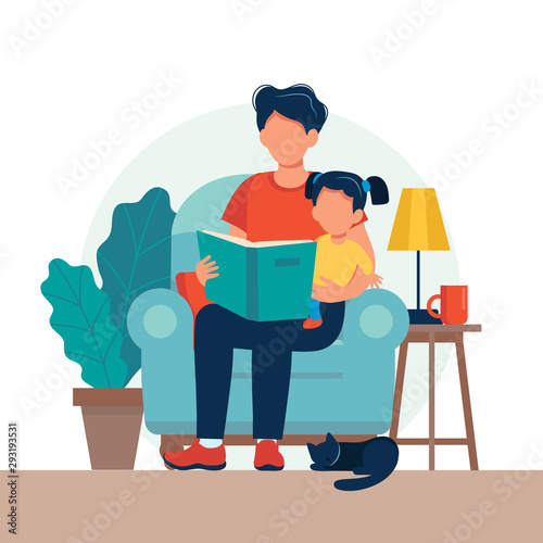 Dad reading for kid. Family sitting on the chair with book. Cute vector illustration in flat style