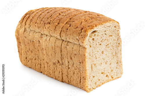 Fototapeta Sliced loaf of whole wheat toast bread isolated on white.