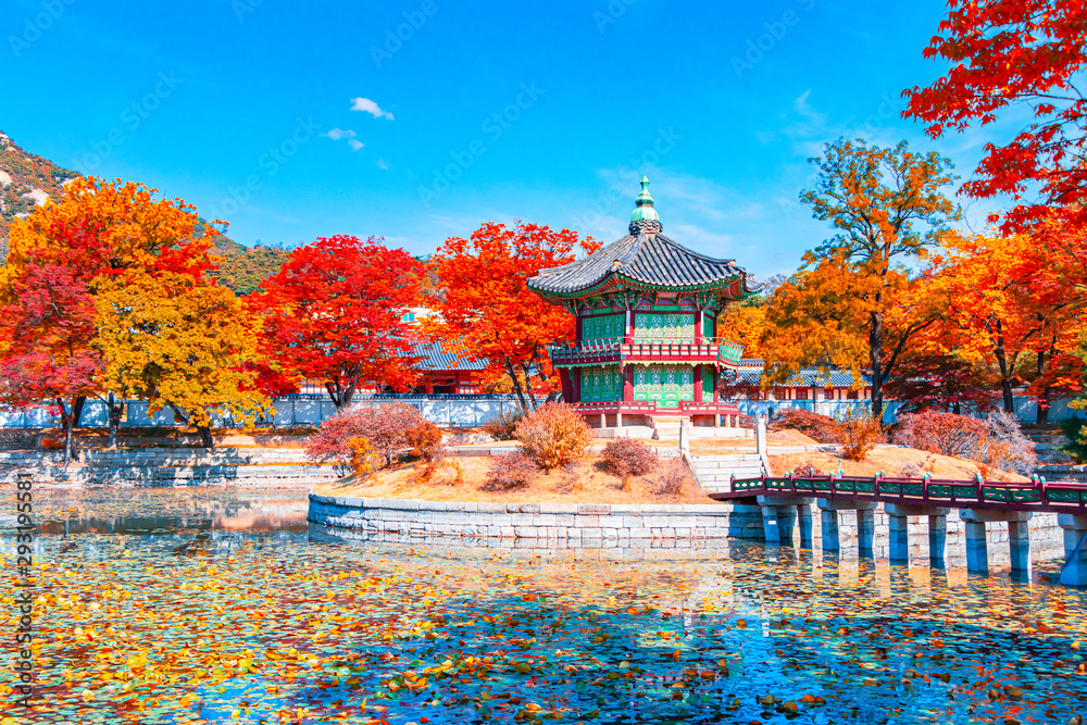 Beautiful  Autumn in Gyeongbokgung palace, Hyangwonjeong pavilion in Seoul of South Korea - obrazy, fototapety, plakaty 