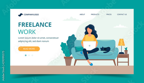 Freelance work - girl working with laptop on the sofa. Landing page template. Cute vector illustration in flat style.