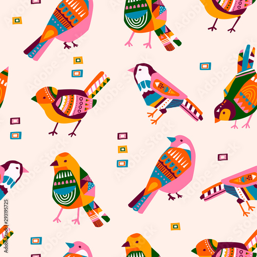Various birds with different folk ornaments. Paper cut scandinavian style. Flat design. Hand drawn colored vector seamless pattern. Modern trendy illustration