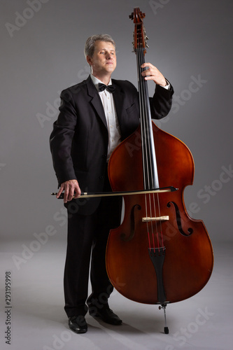 Portrait of a man with a double bass on a gray background. Musician with a big double bass. photo