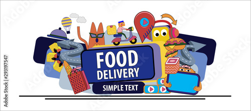 food delivery banner with cartoon characters