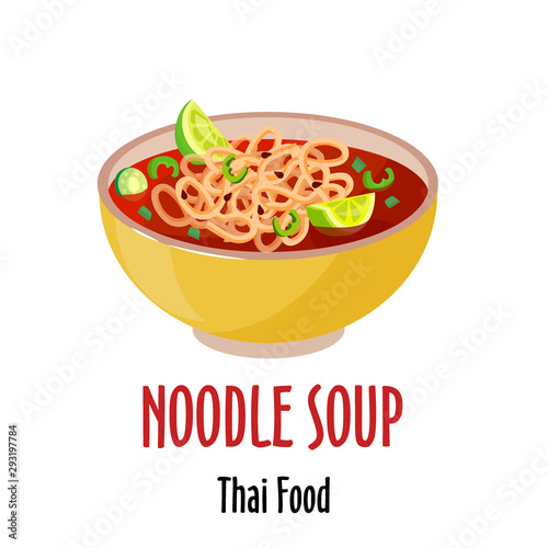 noodle thai soup icon, spicy tasty dish in colorful bowl isolated vector illustration.