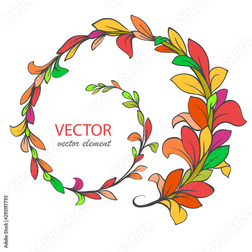Red branch semicircle with beautiful foliage. Vector winding branch with autumn foliage