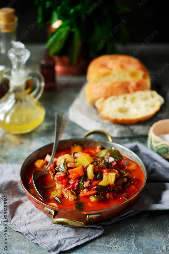 Vegetable stew with seafood cocktail. Vegetable stew with seafood cocktail.