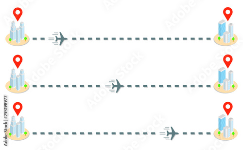 Plane track and isometric buildings with location sign. Vector illustration.
