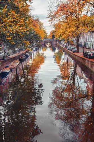 Amsterdam canal with its bridges in beautiful fall colors in the old center of Amsterdam