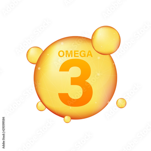 Omega 3 gold icon. Vitamin drop pill capsule. Shining golden essence droplet. Vector illustration.
