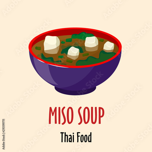 Japanese miso soup with tofu and seaweed vector icon, spicy tasty dish in colorful bowl isolated illustration.
