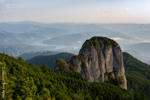 View on Panaghia Rock from top of Toaka Peak. Ceahlau National Park, Romania