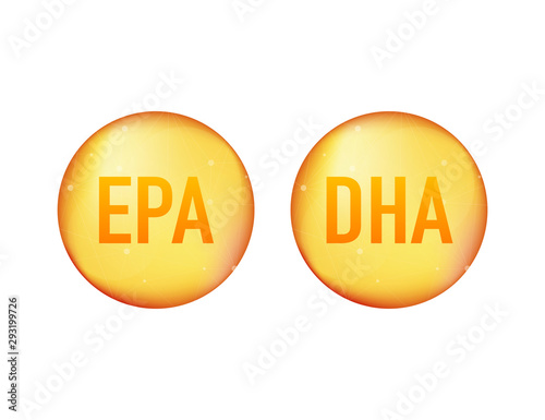 EPA, DHA Vector Drops Set. Omega Three. Organic Vitamin. Vector illustration.