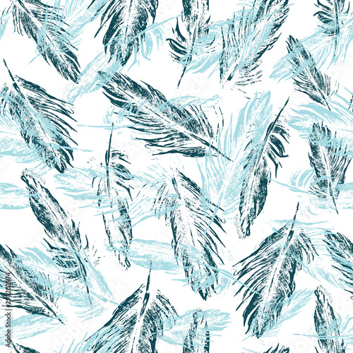 Fluffy feather seamless vector pattern texture print design. Monochrome blue ink feathers on white background. Vector illustration