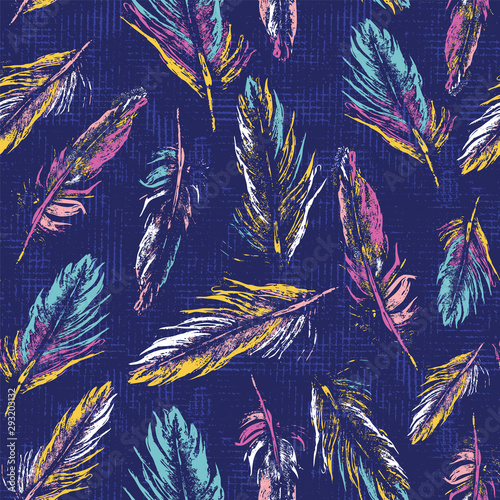 Colorful feathers on canvas textured background seamless pattern texture print design. Vector.