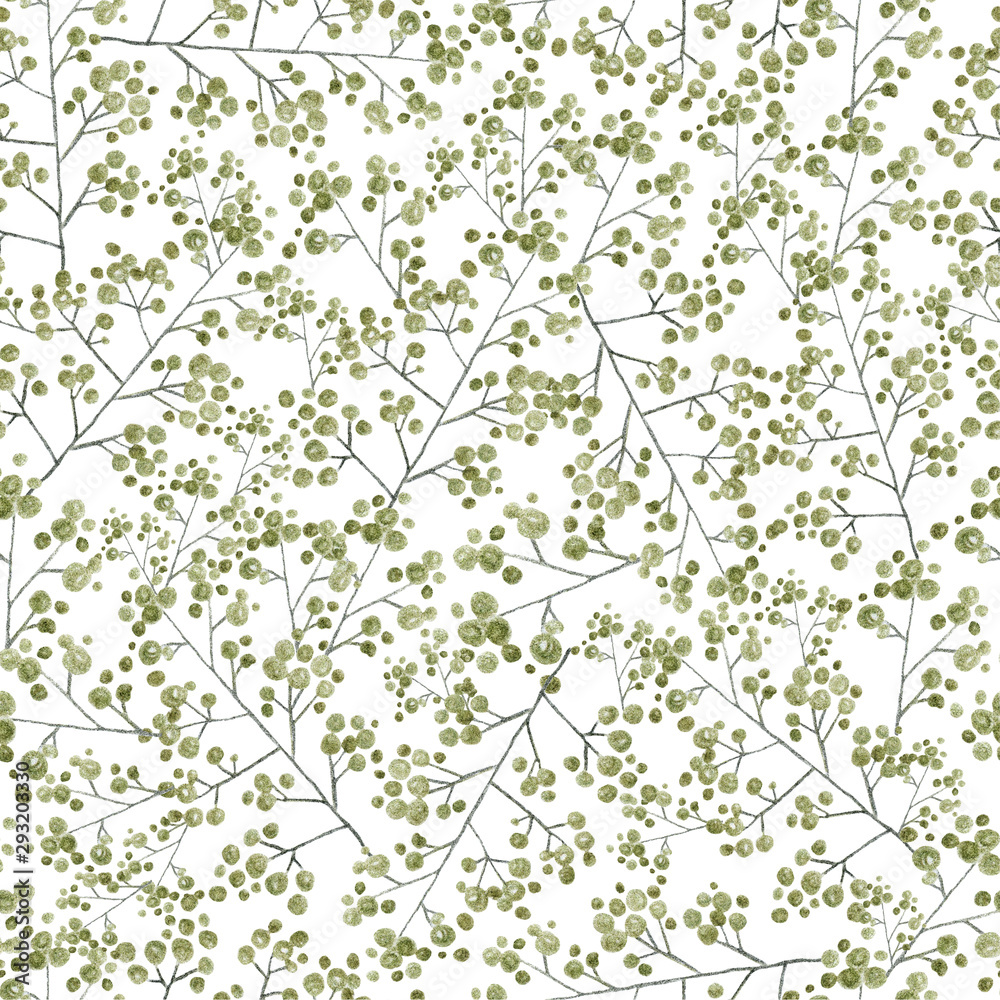 green leaves branches , freehand drawing in pencil illustration, seamless pattern