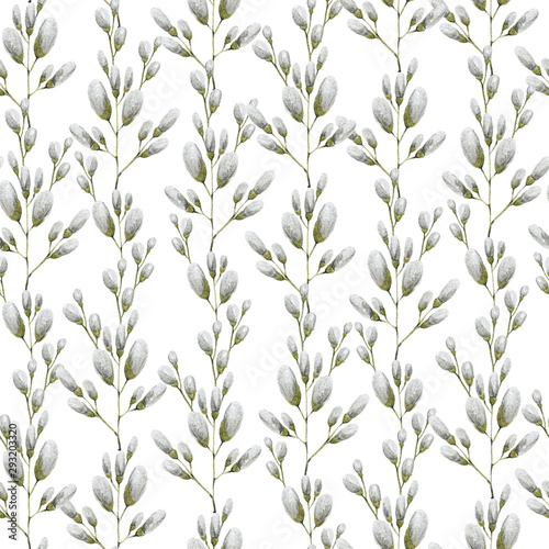 green and gray leaves branches and flowers, freehand drawing in pencil illustration, seamless pattern