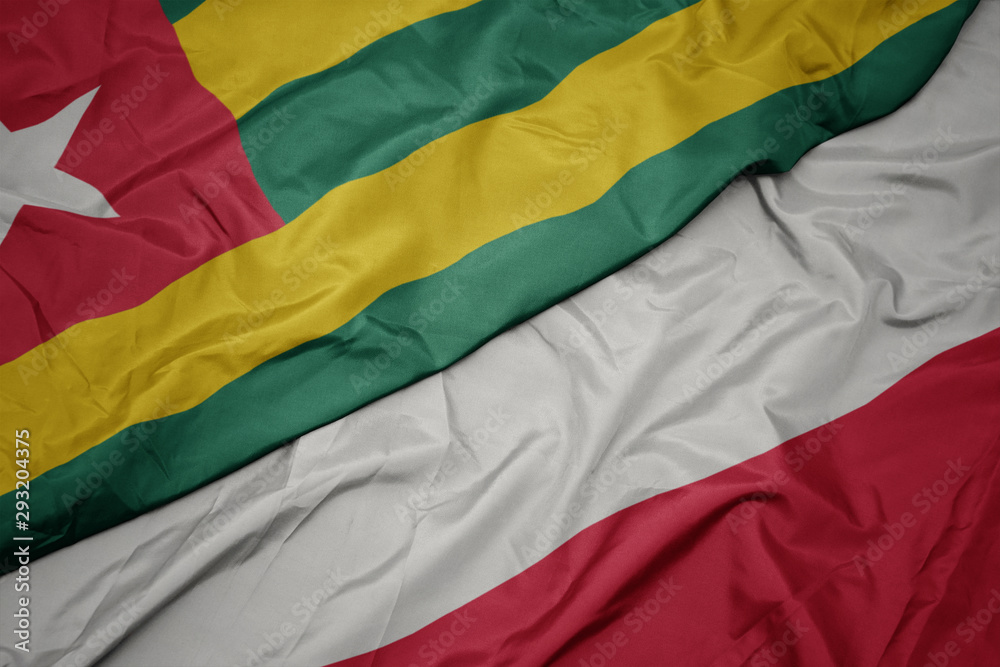 waving colorful flag of poland and national flag of togo.
