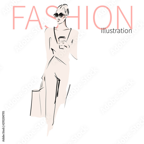 Young beautiful woman in sunglasses with cup of coffee. Stylish girl, model. Fashionable look in street style. Fashion illustration, sketch. Vector