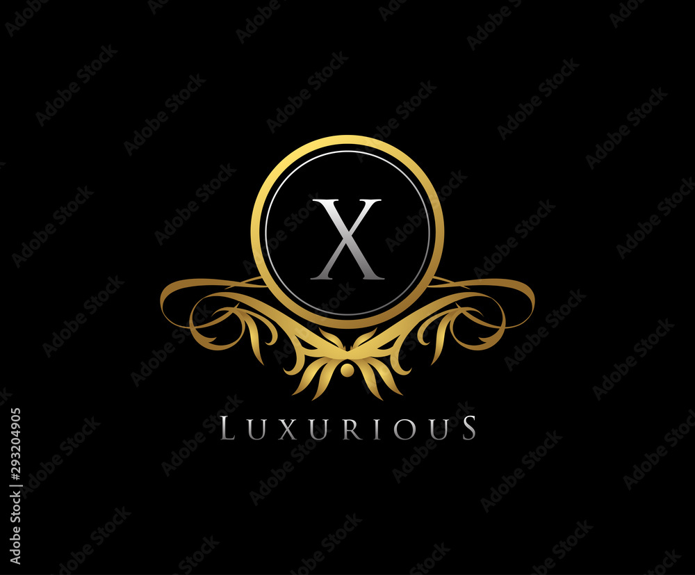Gold X Letter Luxury Boutique , Heraldic, Royal, Decoration, Boutique Logo. Interior Icon. Fashion, Jewelry, Beauty Salon, Hotel Logo. Cosmetics, Spa Logo. Resort and Restaurant Logo.