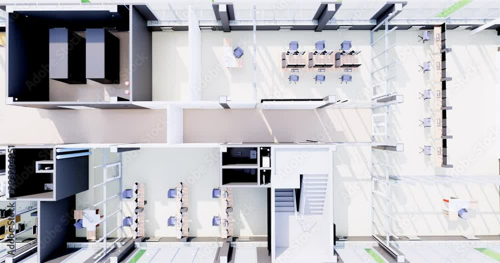 Top view visualization of office space on the floor in a business center