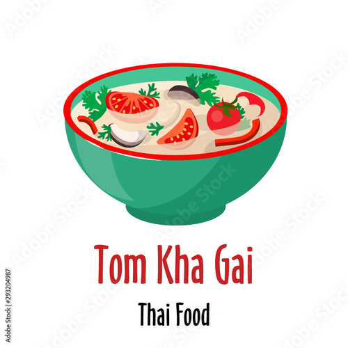 Tom kha gai thai soup icon, spicy tasty dish in colorful bowl isolated vector illustration.