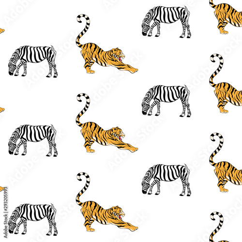 Fototapeta Naklejka Na Ścianę i Meble -  Vector pattern with hand drawn illustration of tiger and zebra isolated. Template for card, poster, banner, print for t-shirt, pin, badge, patch.